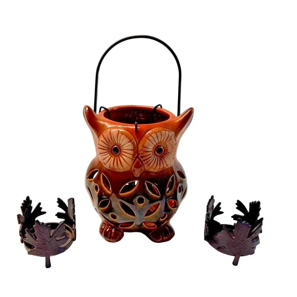 Rite Aid Home Owl Tealight Lantern & Metal Leaf Candle Holders Set Brown Orange